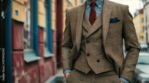 A stylish man wearing a vintage-inspired three-piece suit photo