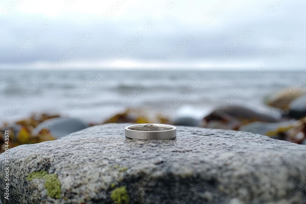 Silver wedding ring resting on a rock by the ocean, showcasing nature's beauty with waves crashing in the background under a cloudy sky Silver wedding ring resting on a rock by the ocean, showcasing nature's beauty with waves crashing in the background under a cloudy sky