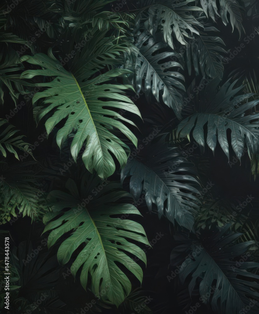 Fototapeta premium Intricate tropical leaf layering, deep shadows, elegant and mysterious design , fern, dark green, green