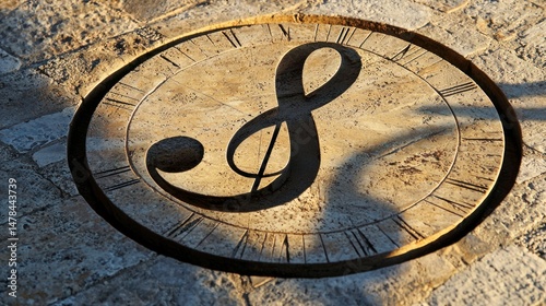 A sundial casting a shadow in the shape of a treble clef