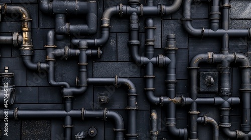 Intricate network of black pipes creating abstract industrial art installation