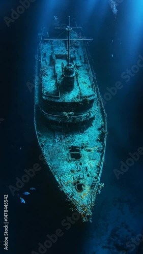 Underwater Shipwreck: Explore the mysteries of the ocean depths with this captivating image of a sunken ship, a poignant relic of the past.