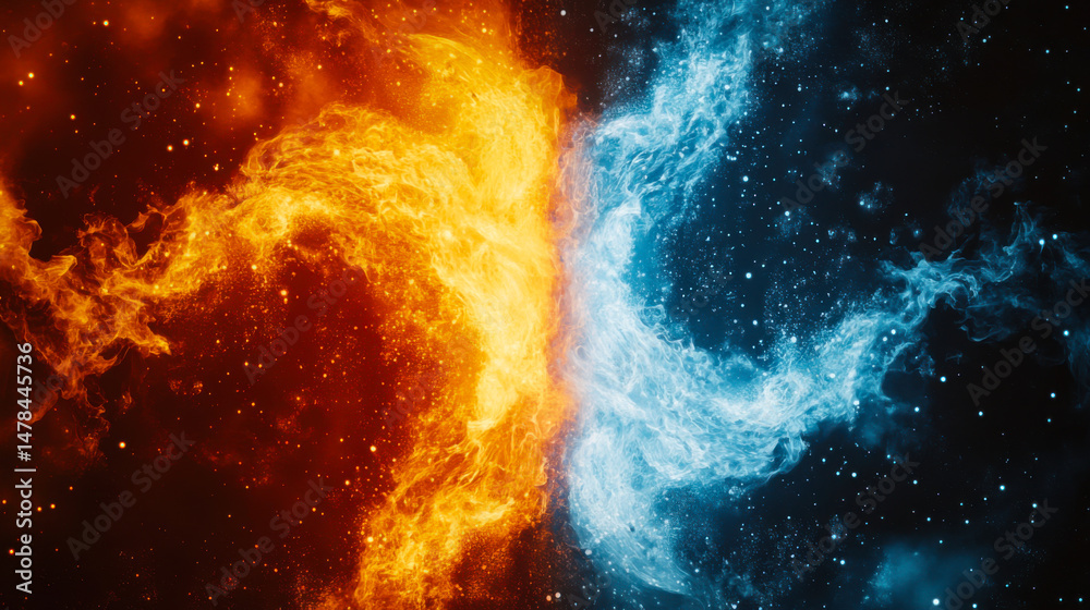 Fototapeta premium Clash of Ice and Fire Visual metaphor of ice and fire battling, symbolizing passion and introspection