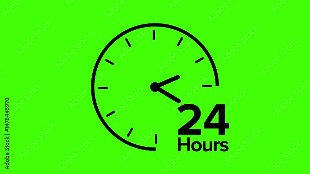 24 hour service icon 4k animation black and white 24 hours clock or time icon animation with white background, green screen background, or chroma key	
