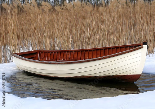 Wooden rowboat on ice-covered water