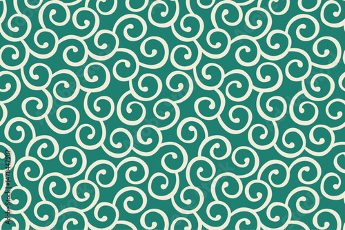 Hand drawn Japanese Arabesque pattern called 'KARAKUSA' in Japan,  Cute Japanese pattern wallpaper, Seamless vector background/手描きの唐草模様の背景、かわいい日本の和柄、緑色