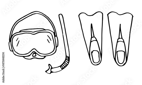 Diving mask, snorkel tube, swim fins, snorkeling gear hand-drawn vector equipment.