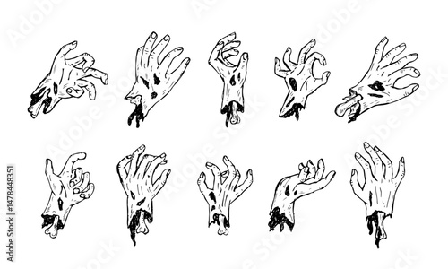 Zombie scary hand set collection, cartoon vector hand-drawn illustration.