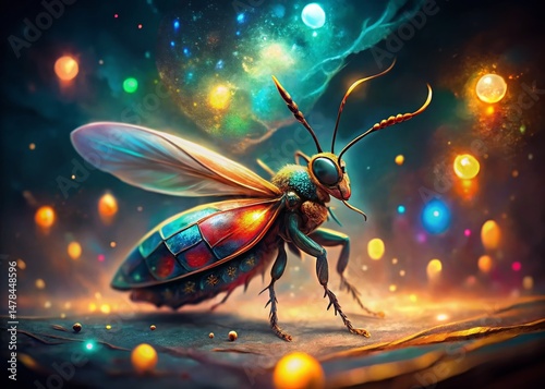 Festive Watercolor Insect Illustration, Low Light, Nighttime Glow, Magical Bugs