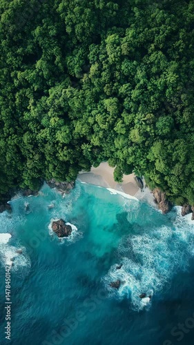 Aerial Paradise: Coastal aerial view revealing the meeting of a dense emerald forest, a secluded sandy beach, and the turquoise embrace of the ocean.