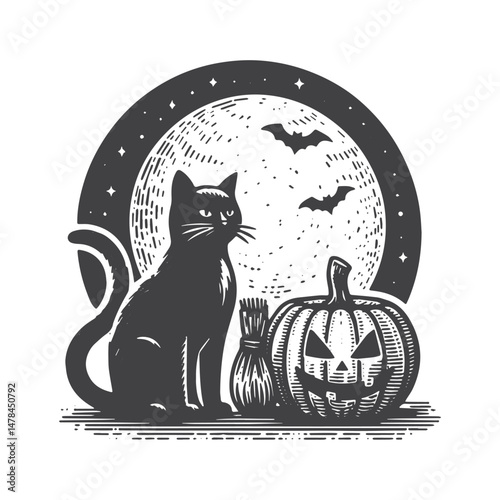 Vintage Hand-Drawn Halloween with Black Cat Illustration – Spooky Night Engraved Style Vector for T-Shirts, Posters, Stickers, and Halloween Themes Apparel