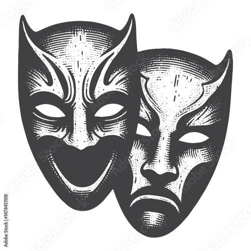 Vintage Hand-Drawn Halloween with Horror Masks Illustration – Spooky Night Engraved Style Vector for T-Shirts, Posters, Stickers, and Halloween Themes Apparel
