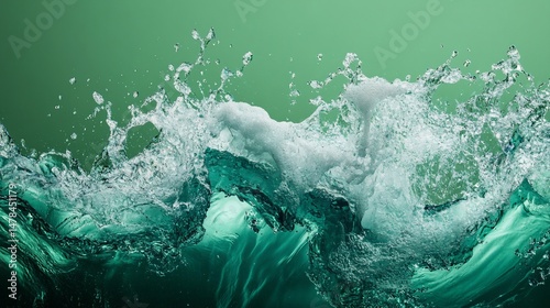 Dynamic close up of water splash with vivid blue-green hues against pale green background