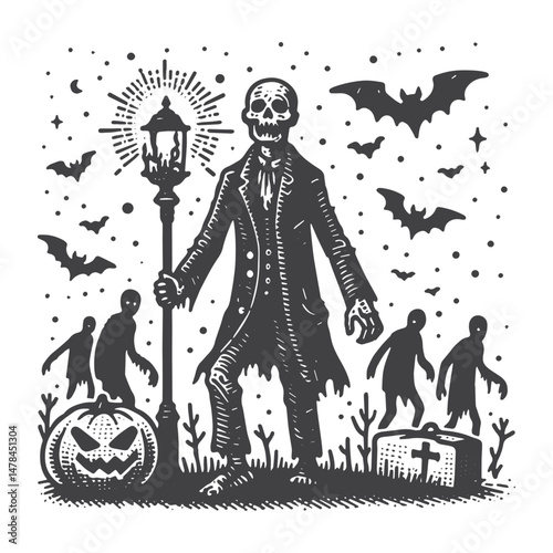 Vintage Hand-Drawn Halloween with Zombie Illustration – Spooky Night Engraved Style Vector for T-Shirts, Posters, Stickers, and Halloween Themes Apparel