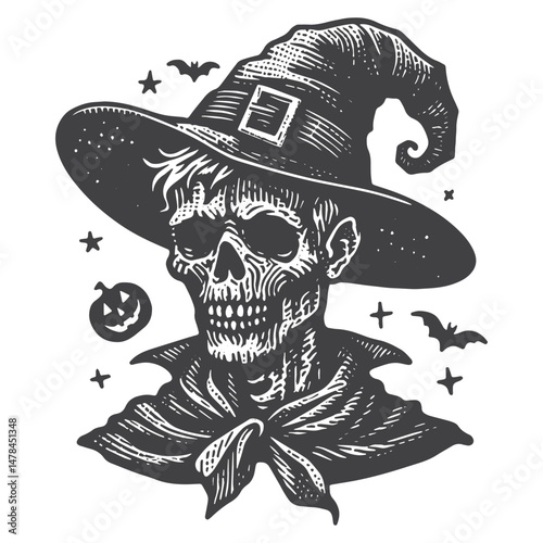 Vintage Hand-Drawn Halloween with Zombie Illustration – Spooky Night Engraved Style Vector for T-Shirts, Posters, Stickers, and Halloween Themes Apparel