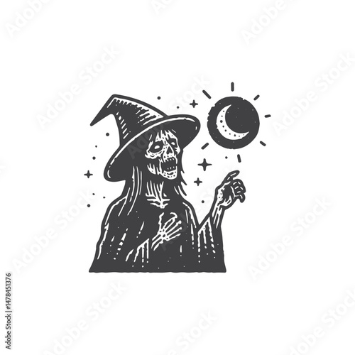 Vintage Hand-Drawn Halloween with Zombie Illustration – Spooky Night Engraved Style Vector for T-Shirts, Posters, Stickers, and Halloween Themes Apparel