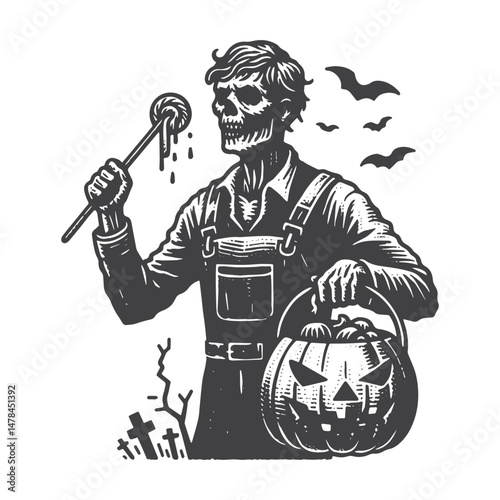 Vintage Hand-Drawn Halloween with Zombie Illustration – Spooky Night Engraved Style Vector for T-Shirts, Posters, Stickers, and Halloween Themes Apparel