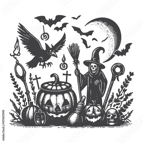 Vintage Hand-Drawn Halloween with Witch Illustration – Spooky Night Engraved Style Vector for T-Shirts, Posters, Stickers, and Halloween Themes Apparel