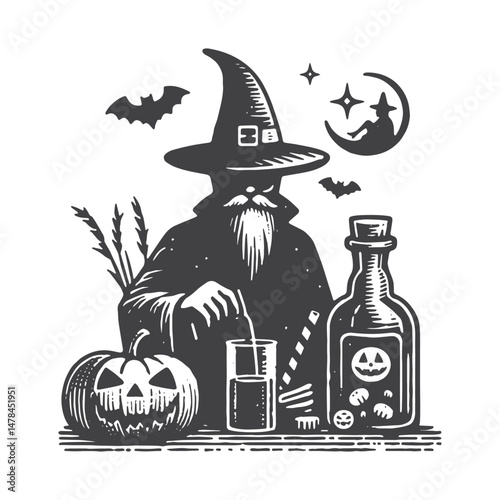 Vintage Hand-Drawn Halloween with Witch Illustration – Spooky Night Engraved Style Vector for T-Shirts, Posters, Stickers, and Halloween Themes Apparel