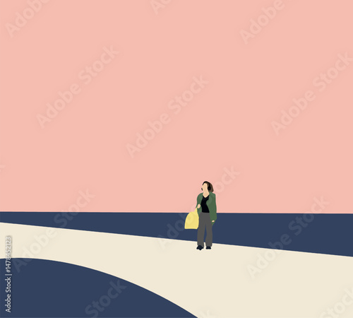 Woman holding yellow reusable shopping bag walking on city modern street. Urban Sustainable lifestyle. 