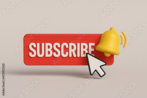 Mouse cursor clicking subscribe button and notification bell: 3d rendering