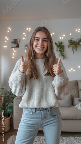 woman gesturing yes with nod and thumbs up casual home interior full body