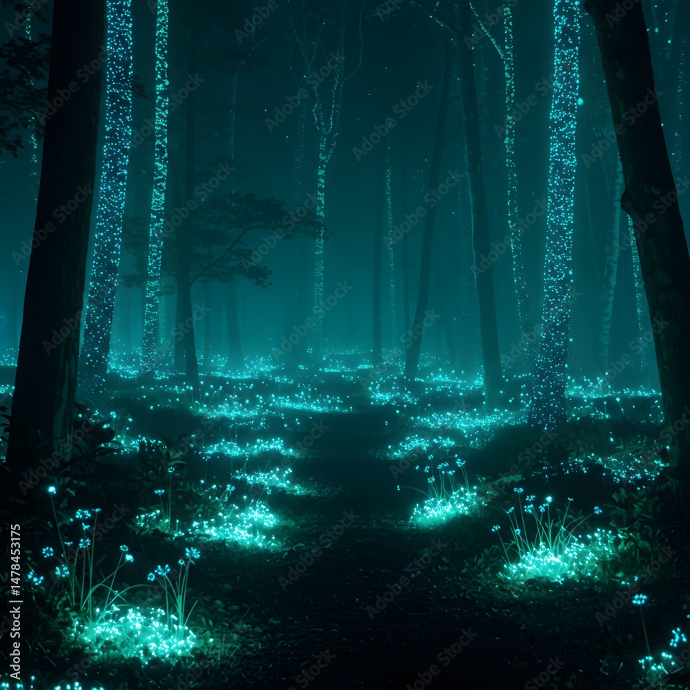 Obraz premium Enchanted Forest at Night Glowing Blue Flowers and Mystical Trees