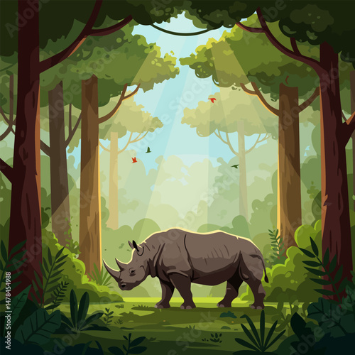 Rhino Walking Through Lush Green Forest with Sun Rays Shining