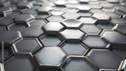 Hexagonal porcelain tile with 3D geometric metallic patterns, futuristic texture, seamless modern design, HD creative backdrop.