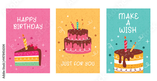 Happy birthday greeting clipart poster set. Birthday wishes with chocolate and strawberry cake in colorful background clip art collection for holiday celebration card template vector illustration. 
