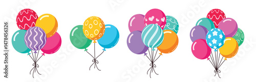 Colorful bunch of balloons clipart set. Birthday inflatable balloon elements clip art collection for birth day and anniversary celebration with colors and printed pattern vector illustration.
