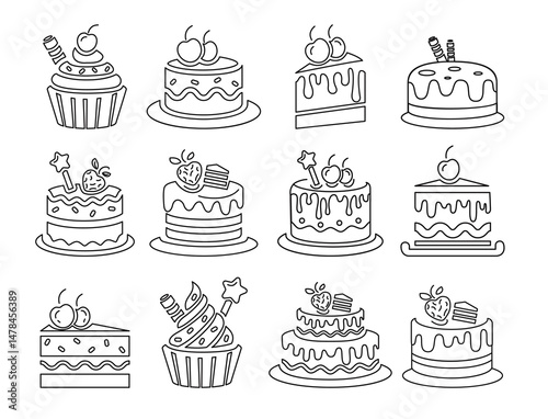 Birthday cake outline clipart set. Cupcake icon elements clip art collection for birth day party, anniversary and wedding dessert food hand drawn symbol vector illustration.
