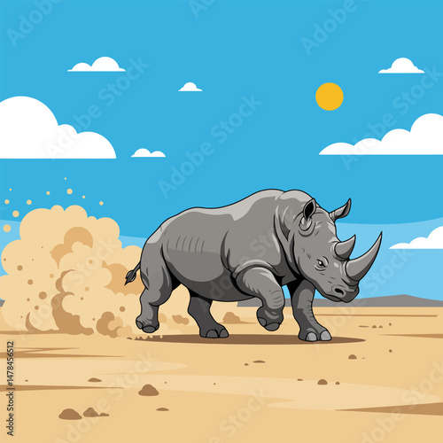 Rhino Running Through Dusty Savannah Landscape with Blue Sky