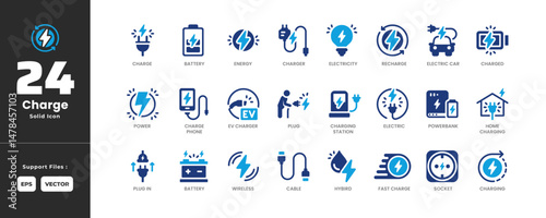 Charging Icon Set Collection - Glyph Solid Style. Containing Automotive Battery, Battery, Cable, Phone Charging, Charge, Charged, Charger, EV Charging Station, Charging, Electric Car, Electric.