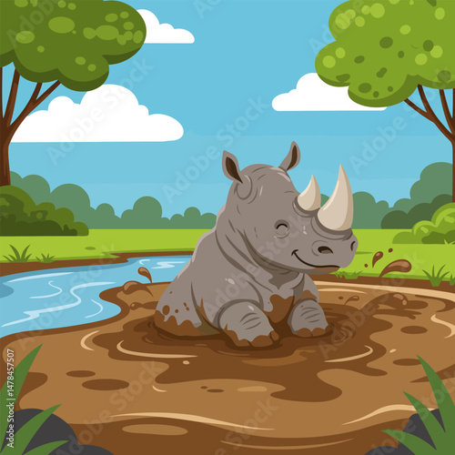 Rhino Enjoying a Mud Bath in a Lush Green Cartoon Landscape