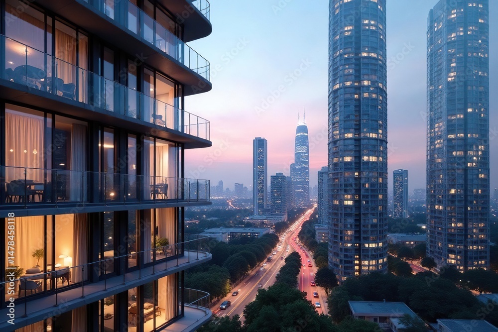 Fototapeta premium Modern condo building exterior, city skyline view , elevation, cityscape, skyscraper