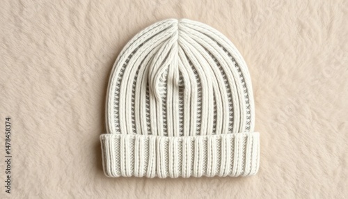 Close-up of a creamy white knitted beanie hat on a soft, textured background, creating a warm and cozy visual