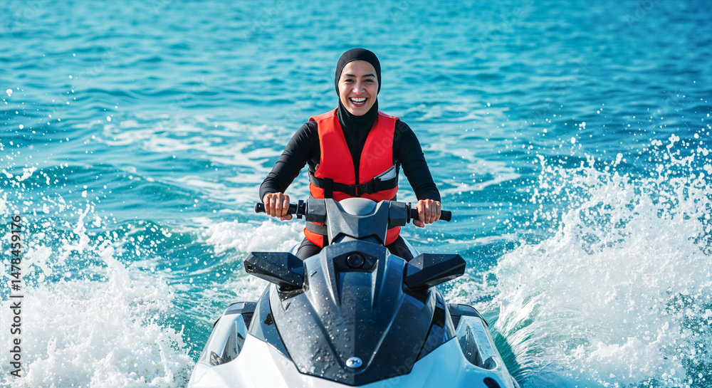 Obraz premium Middle Eastern woman in sporty burkini riding a jet ski across sparkling blue sea,