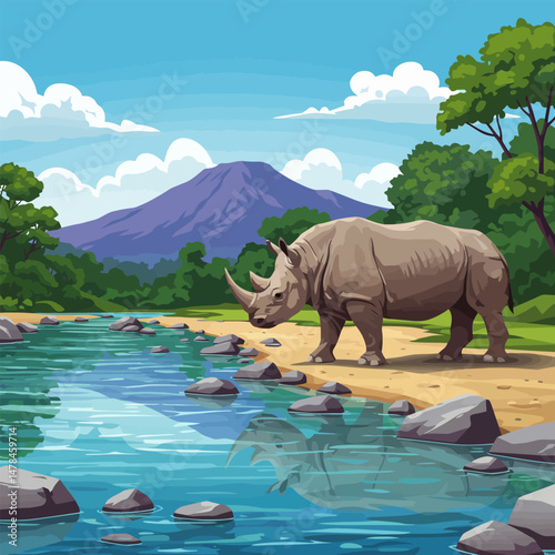 Rhino Walking Near River with Mountain View Under Cloudy Sky
