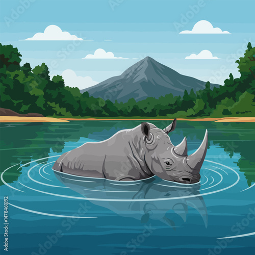 Rhino Wallowing in Lake with Mountain Backdrop and Forest Scenery