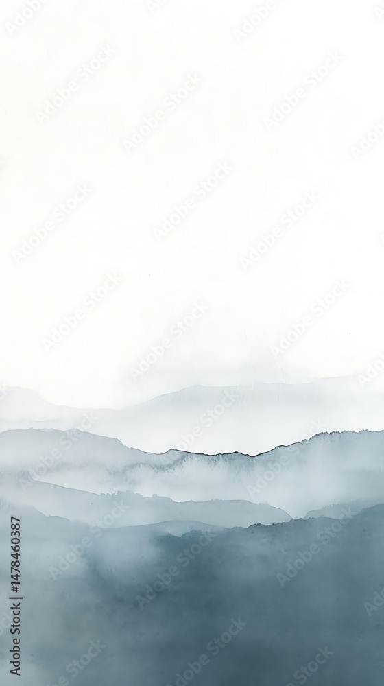 Obraz premium Misty Mountain Range Landscape, Blue Layered Hills, Serene Panorama, Foggy Scenery