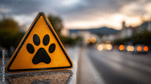 Paw print warning triangle against blurred landscape