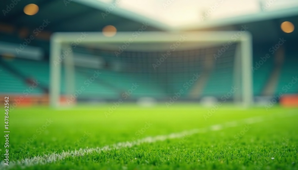 Fototapeta premium Close-up of a football goal post with a blurry background showing a green field , stadium, points