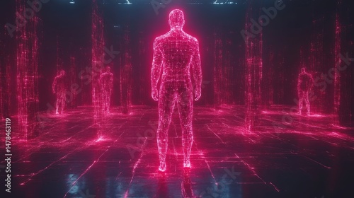 Digital Silhouette: A captivating digital representation of human forms, rendered in vibrant red hues, standing within an abstract, technologically advanced environment.