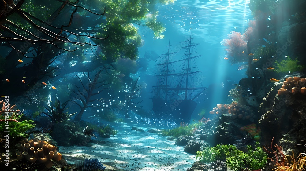 Obraz premium Submerged Ship Amidst Colorful Coral Reefs And Sunlit Underwater Environment