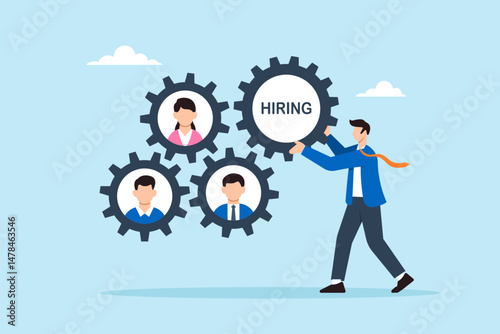 Flat illustration of human resource manager assembling hiring gear with candidate profile cogs to represent teamwork and process integration in business recruitment