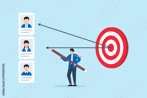 Flat illustration of human resource manager aiming arrows from candidate profiles toward target board to represent job interview selection and recruitment focus