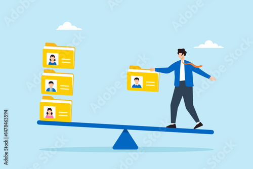 Flat illustration of human resource manager balancing candidate profile folders on seesaw to sort applicants for recruitment decision and onboarding approval