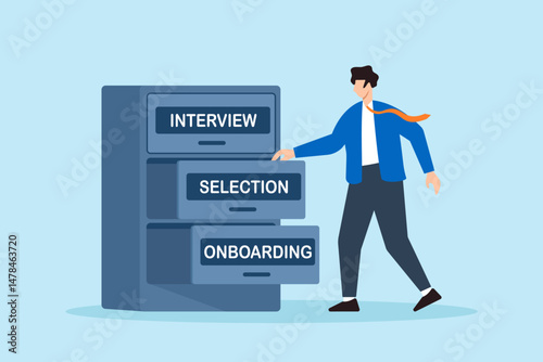 Flat illustration of human resource manager opening filing cabinet drawers labeled interview selection and onboarding to organize recruitment process