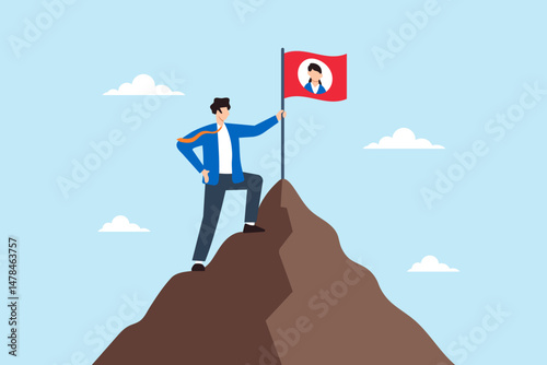 Flat illustration of human resource manager planting final candidate flag on mountain peak to symbolize successful hiring after interview evaluation
